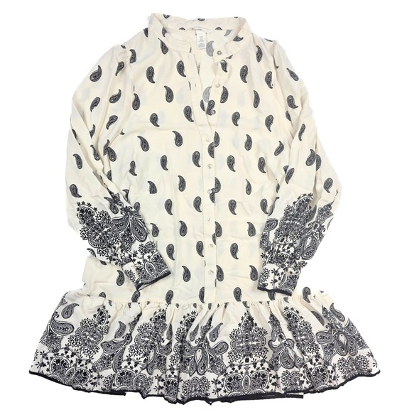 H&M Ivory Paisley Drop Waist Chiffon Long Sleeve Dress Women's Size Medium - Picture 1 of 6